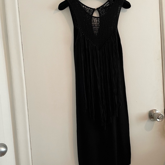 BEBE Black Dress with Crochet Detail, Fringes and Beads - Picture 5 of 11